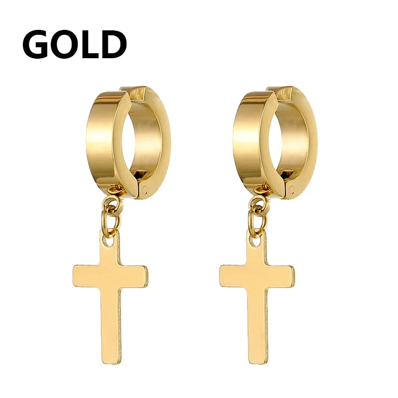 Stainless Steel Clip On Cross Earrings | Non Piercing Gothic Punk Jewelry for Men W additional angle