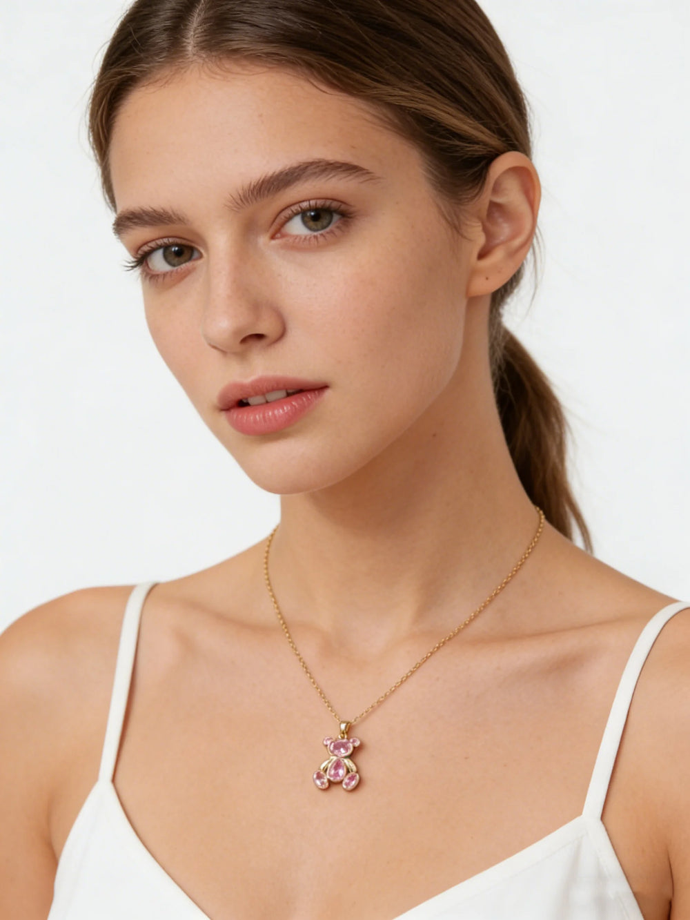 Delicate Cute Pink Zircon Bear Pendant Necklace for Women Girl, Stylish Animal Necklace, detail view