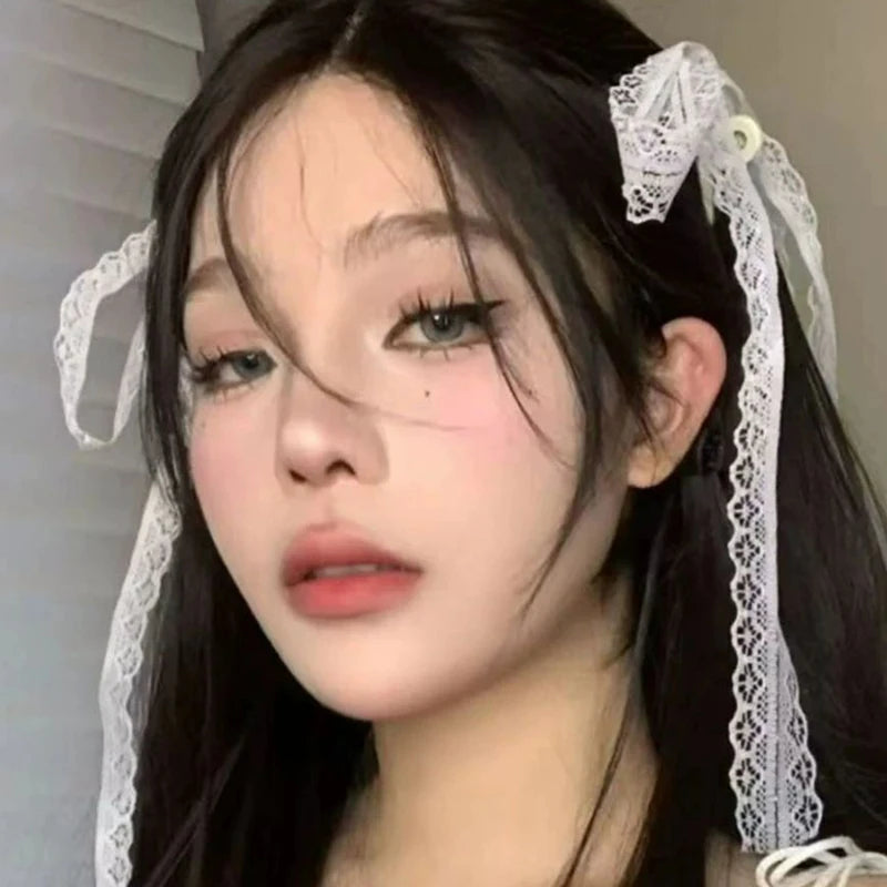 2Pcs White Sweet Lace Long Bow Hair Clip Women Girls Ribbon Tassel Bowknot Hair Pins Braid Barrettes Trend Hollow Out Headwears