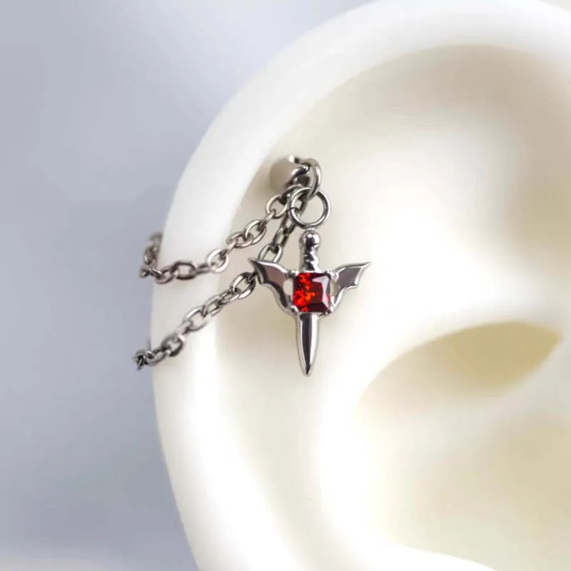 Stainless Steel Red Zircon Wing Chain Piercing Earring for Women Men Gothic Silver Co alternate view