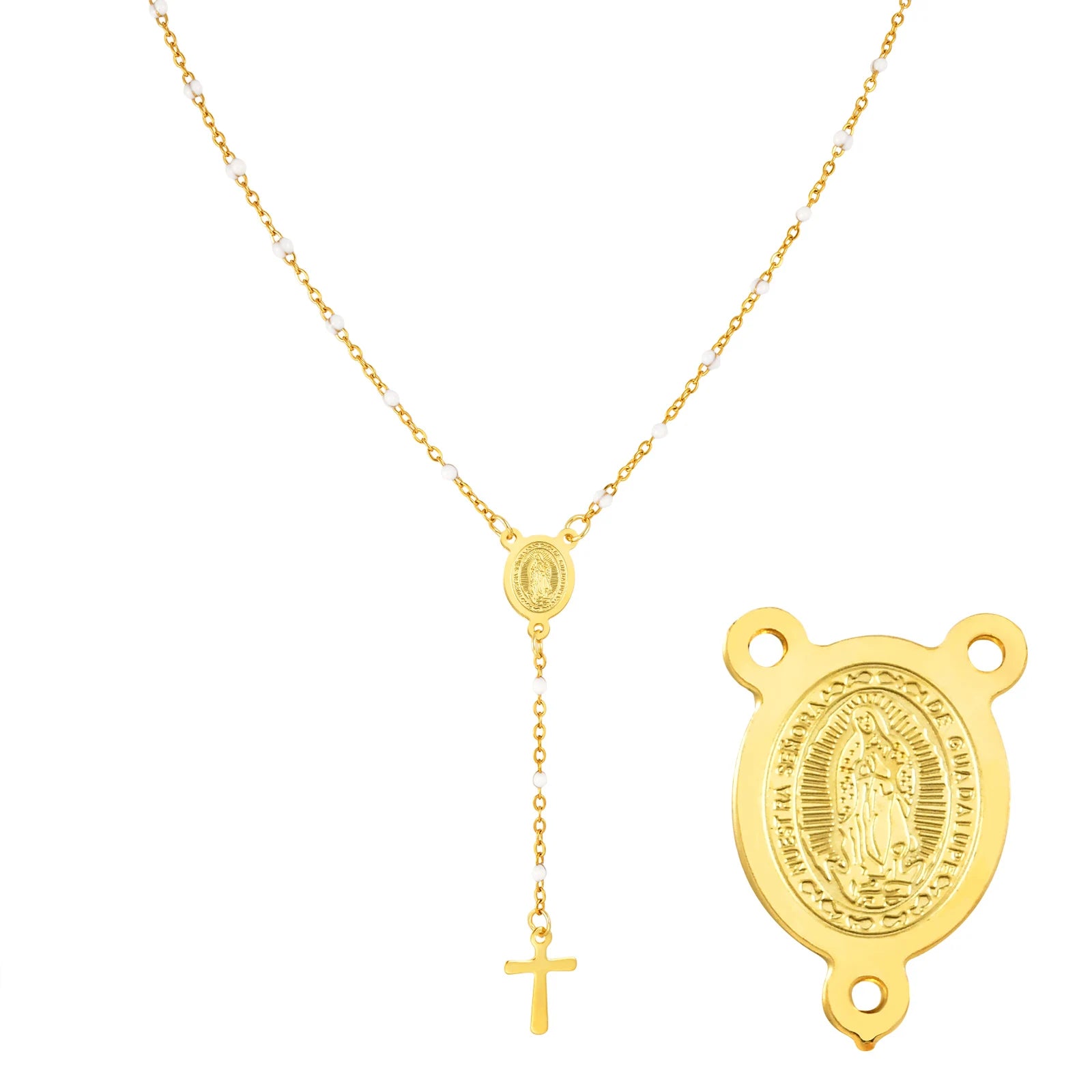 Stainless Steel Rosary Virgin Cross Drop Y-shaped Necklace,Women's White Rice Bead Ch alternate view
