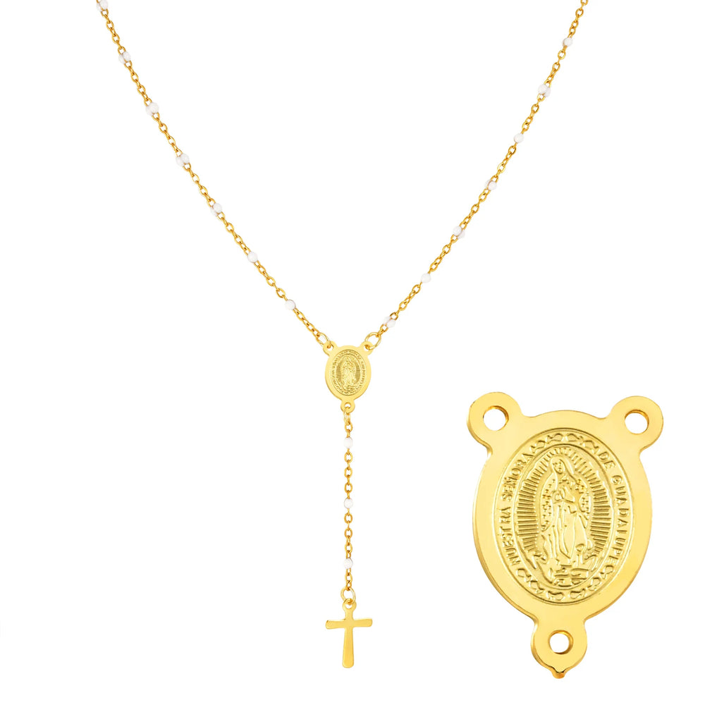 Stainless Steel Rosary Virgin Cross Drop Y-shaped Necklace,Women's White Rice Bead Ch alternate view