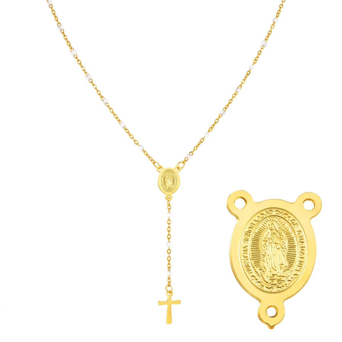 Stainless Steel Rosary Virgin Cross Drop Y-shaped Necklace,Women's White Rice Bead Ch alternate view