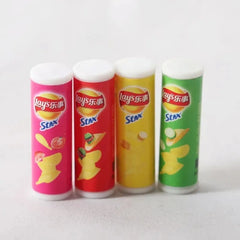 Miniature Dollhouse Snack Food | 4pcs 1/6 Scale Potato Chips for Doll Kitchen Pretend close-up view