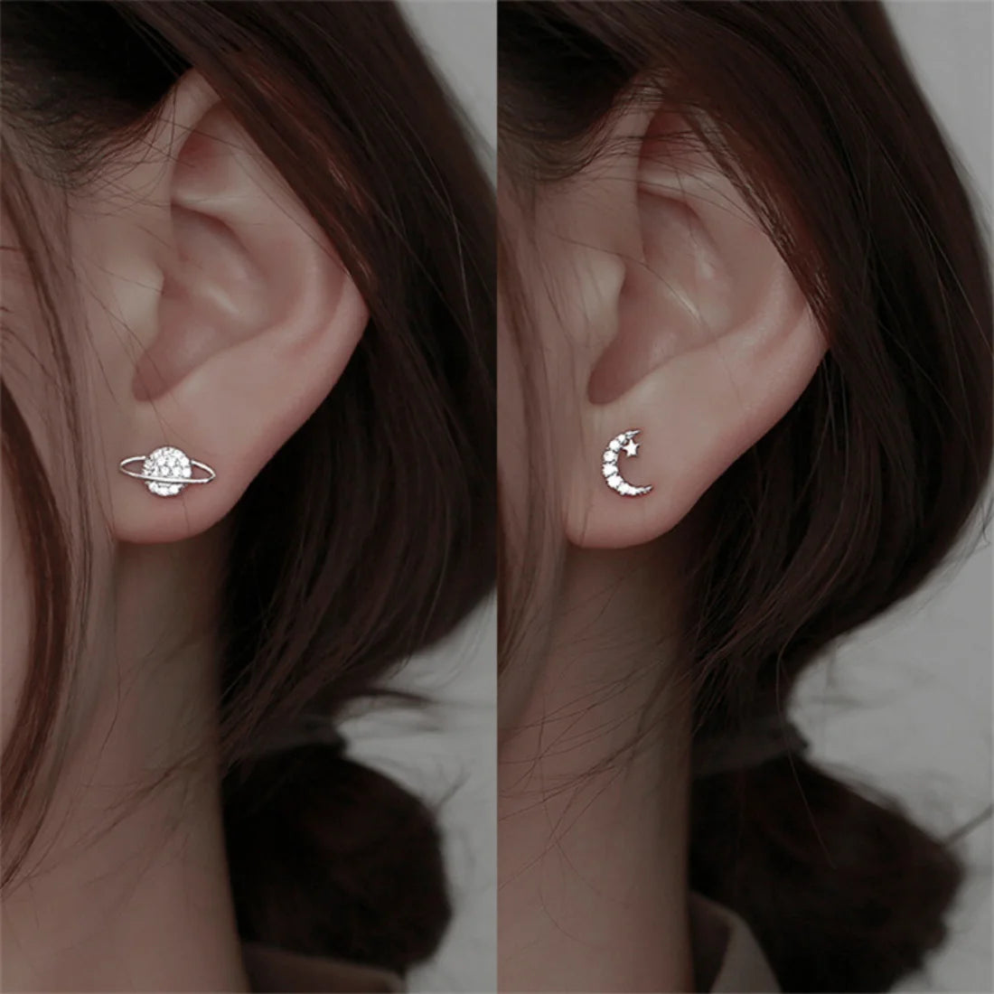 Simple Fashion Zircon Star Moon Mini Earrings for Women Cute Korean Planet Asymmetric Ea detail view