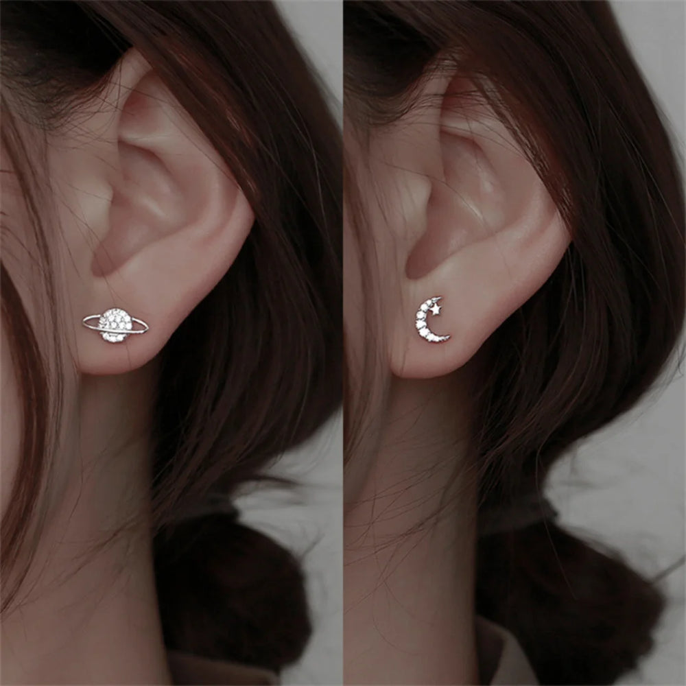 Simple Fashion Zircon Star Moon Mini Earrings for Women Cute Korean Planet Asymmetric Ea detail view