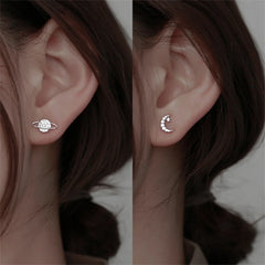 Simple Fashion Zircon Star Moon Mini Earrings for Women Cute Korean Planet Asymmetric Ea detail view