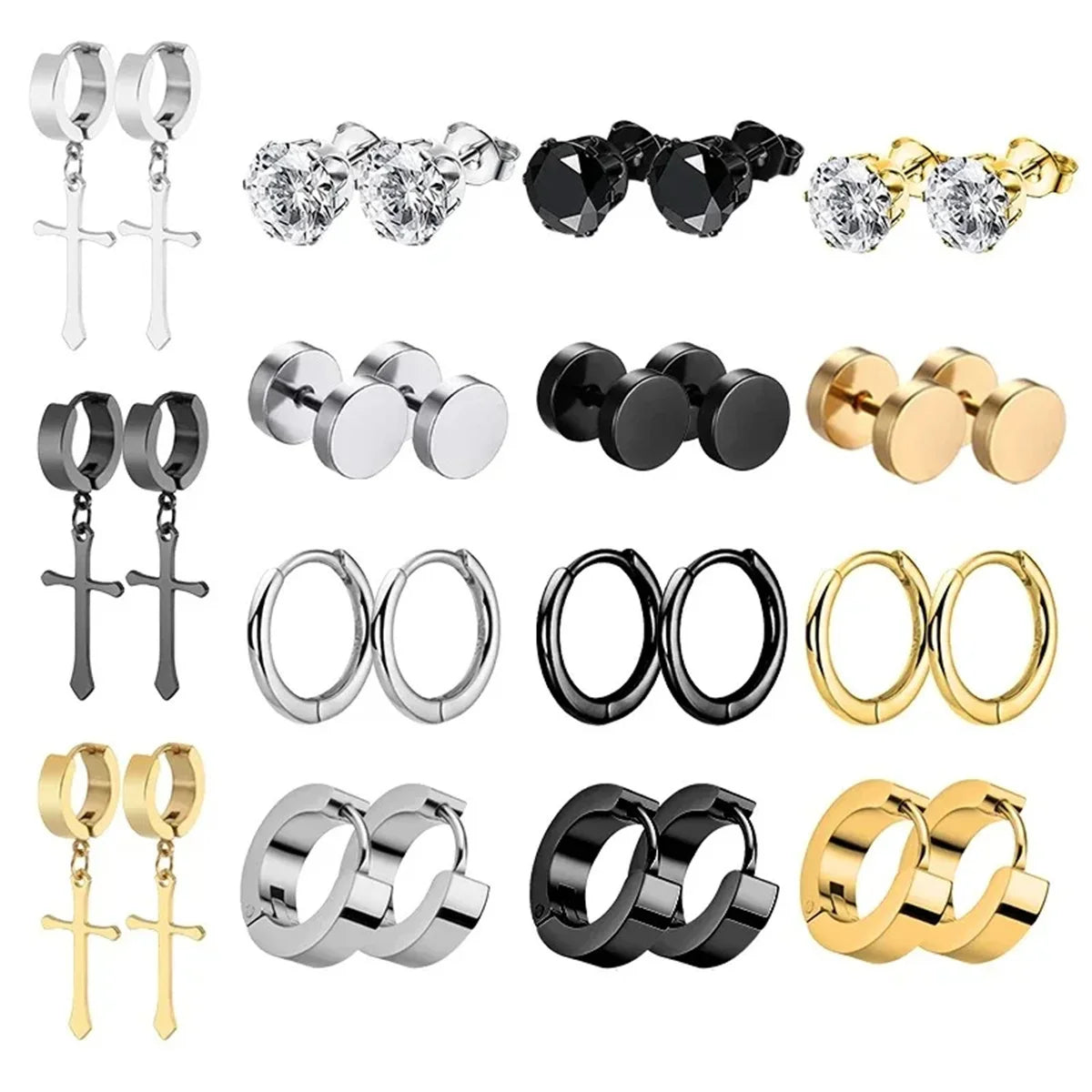 1/15Pairs Punk Cool Gothic Stainless Steel Stud Earrings Set for Men Women,Fashion Tragus Cartilage