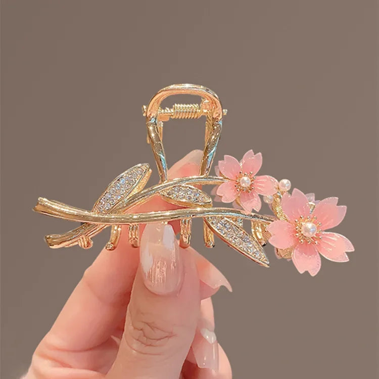 Shiny Rhinestone Pearl Sakura Hair Clip Women's Back of Head Flower Hair Claw Elegant alternate view