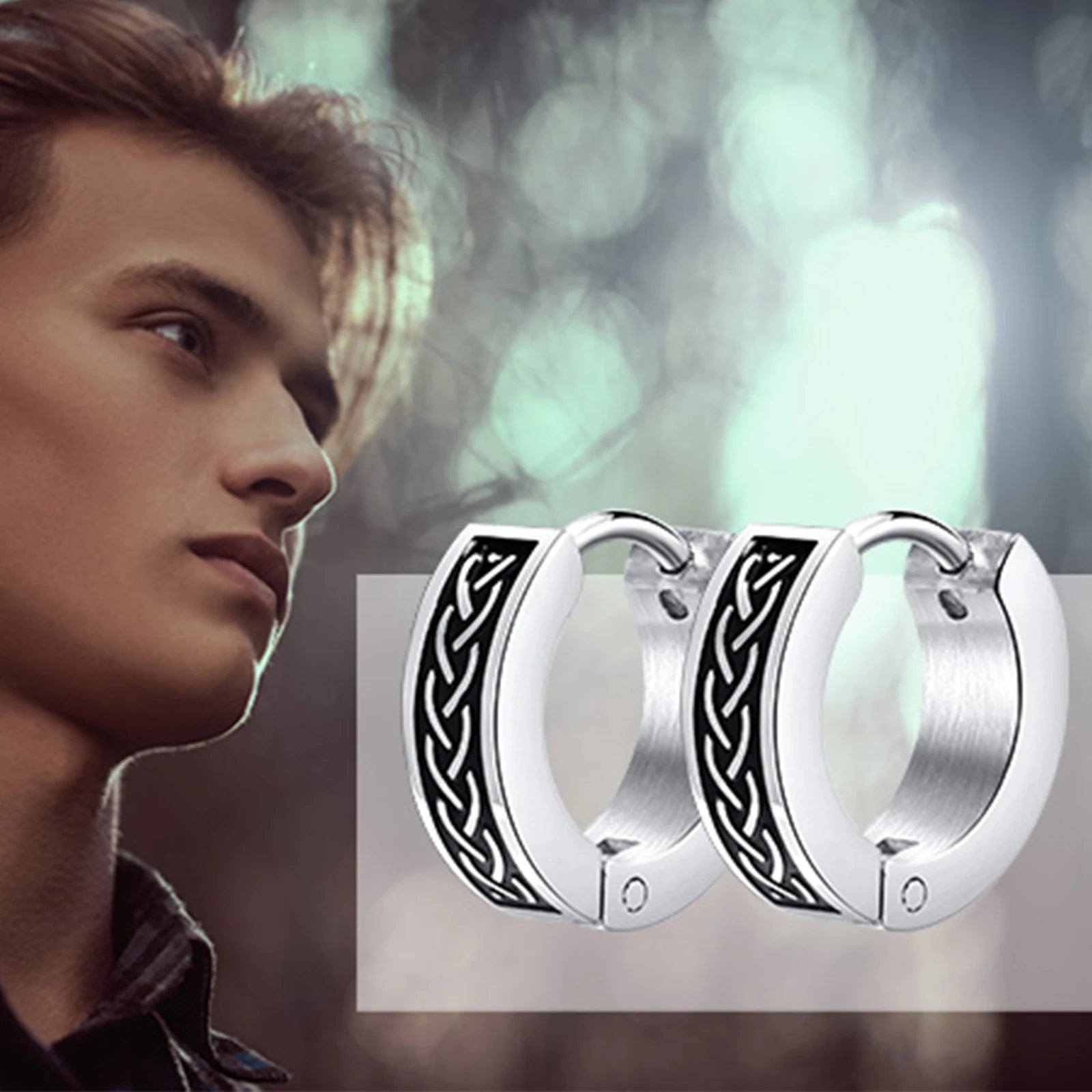 Mens Celtic Knot Hoop Earrings | Hypoallergenic Stainless Steel Huggie Earrings detail view