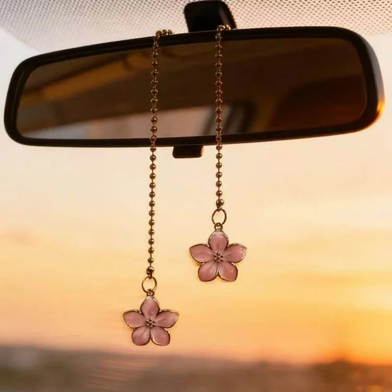 Pink Sakura Flower Rearview Mirror Pendant with Gold Chain detail view