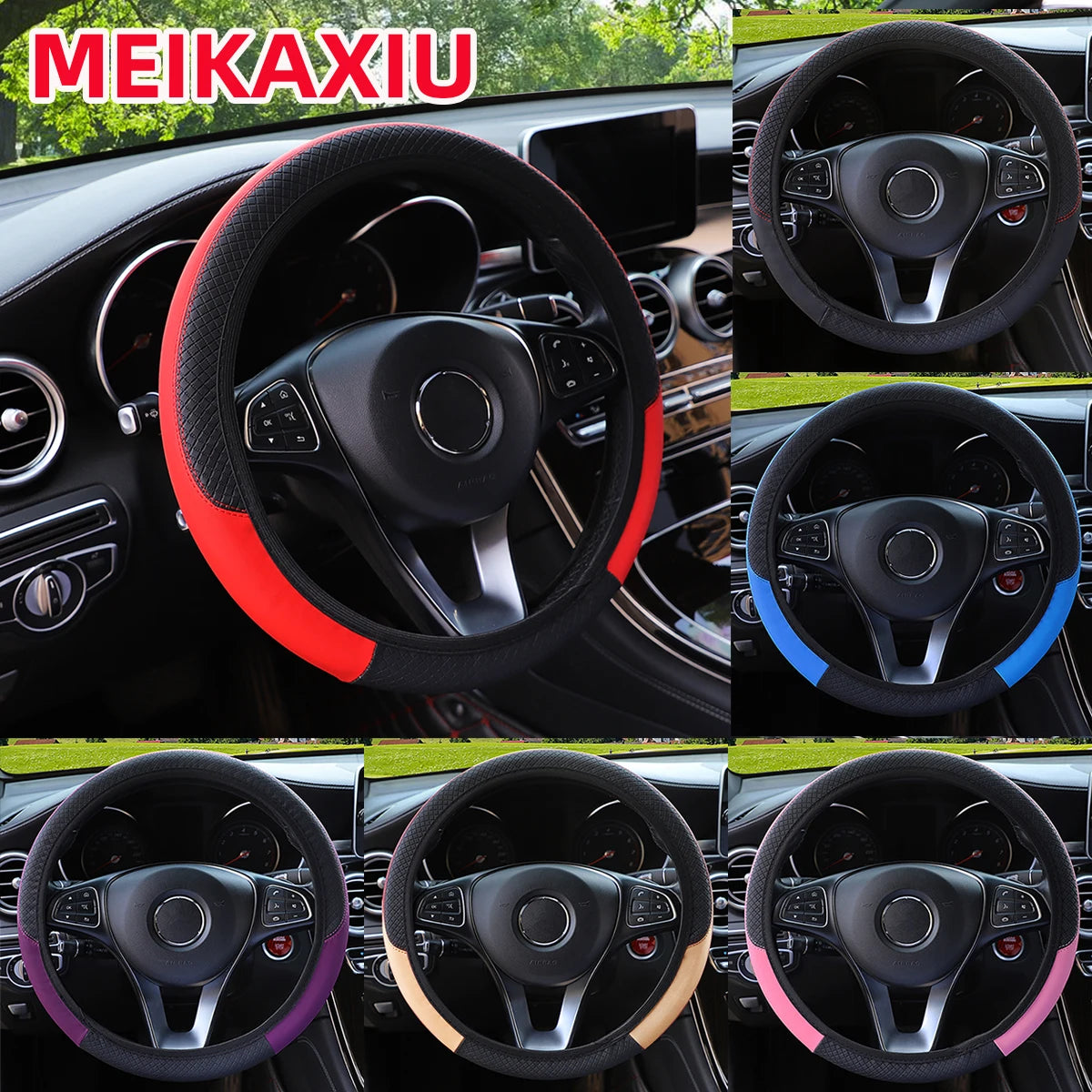 PU leather checkered embossed multi-color car rimless steering wheel cover suitable f alternate view