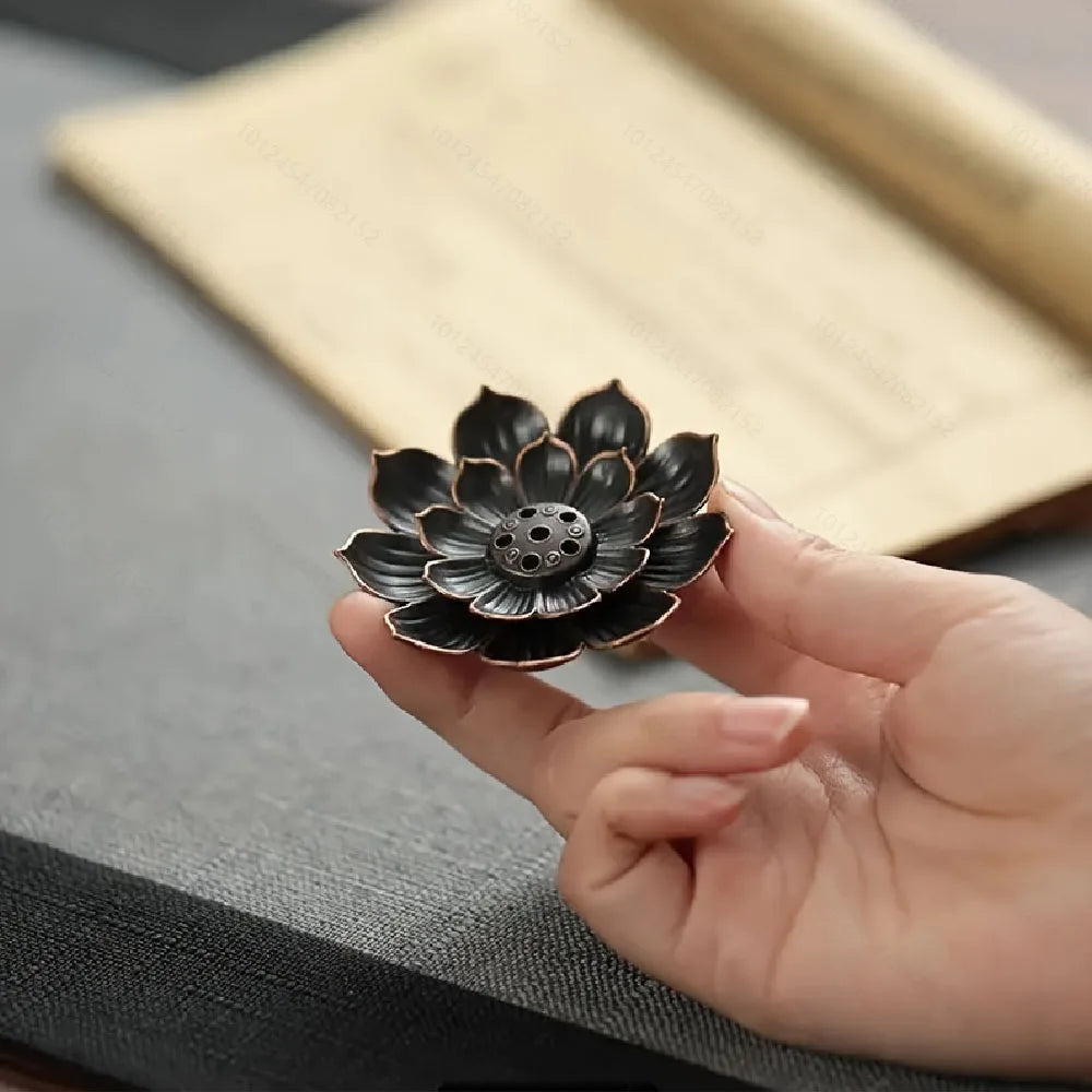 Porous Lotus Zen Line Incense Holder | Retro Metal Sandalwood Burner Tray detail view