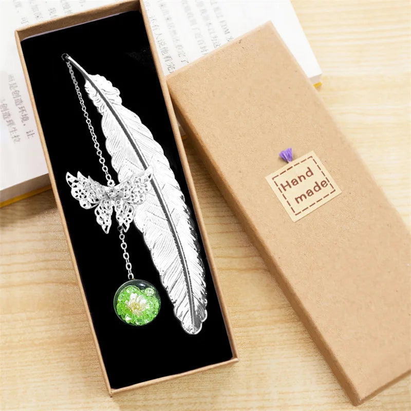 1Pcs Metal Feather Bookmark with Dried Flower Butterfly Boxed ,Teacher's Day Gift, St alternate view