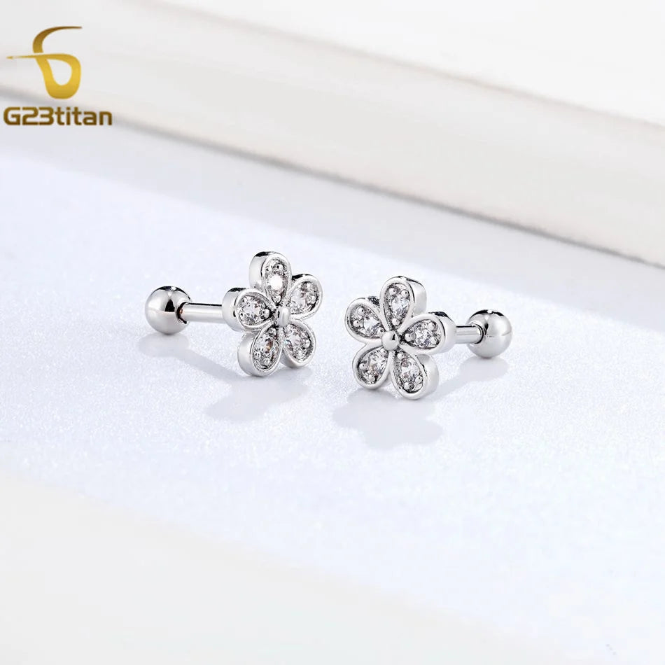 2PC Women's Flower Zircon Stud Earrings 3 Colors Engagement Wedding Jewelry for Cartil close-up view