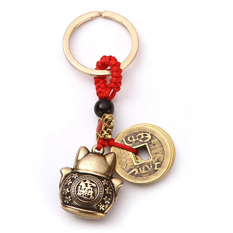 Handmade Brass Feng Shui Coins Keychain | Lucky Cat Car Keychain with Five Emperors M alternate view