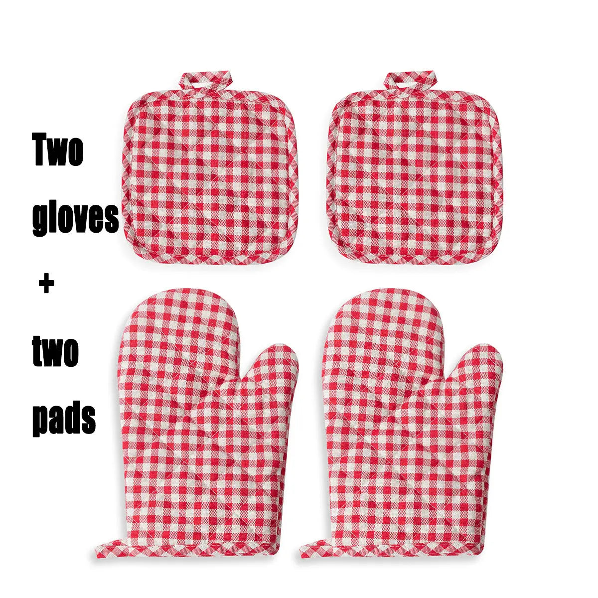 Anti Scald Oven Gloves Set | Cotton Lined Thick Kitchen Gloves with Red Checkered Design detail view