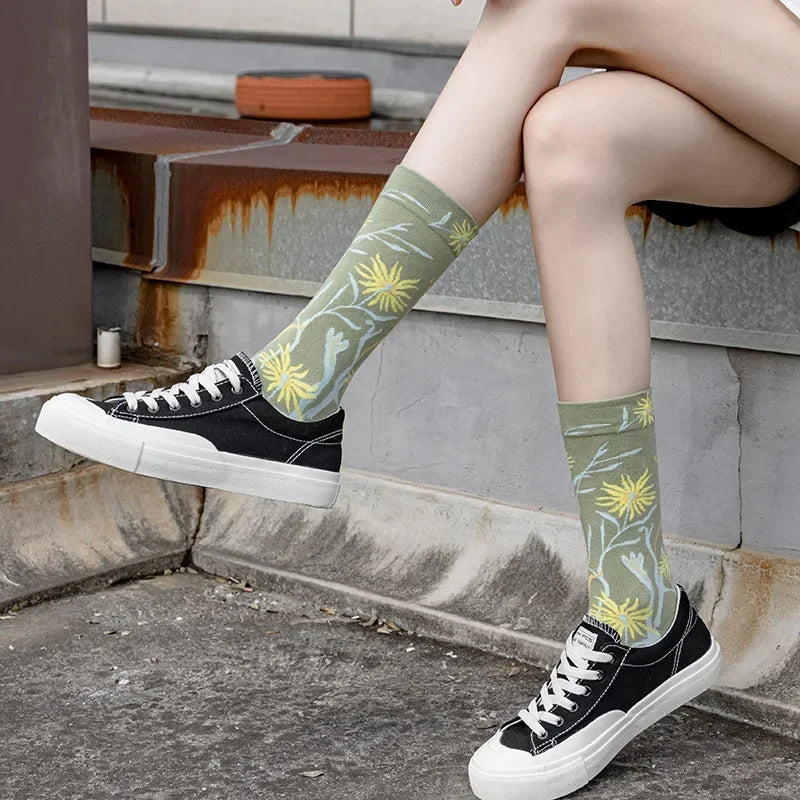 1 Pair Canvas Lattice Plant Art Funny Socks Women Novelty Abstract Cute Socks Women J alternate view