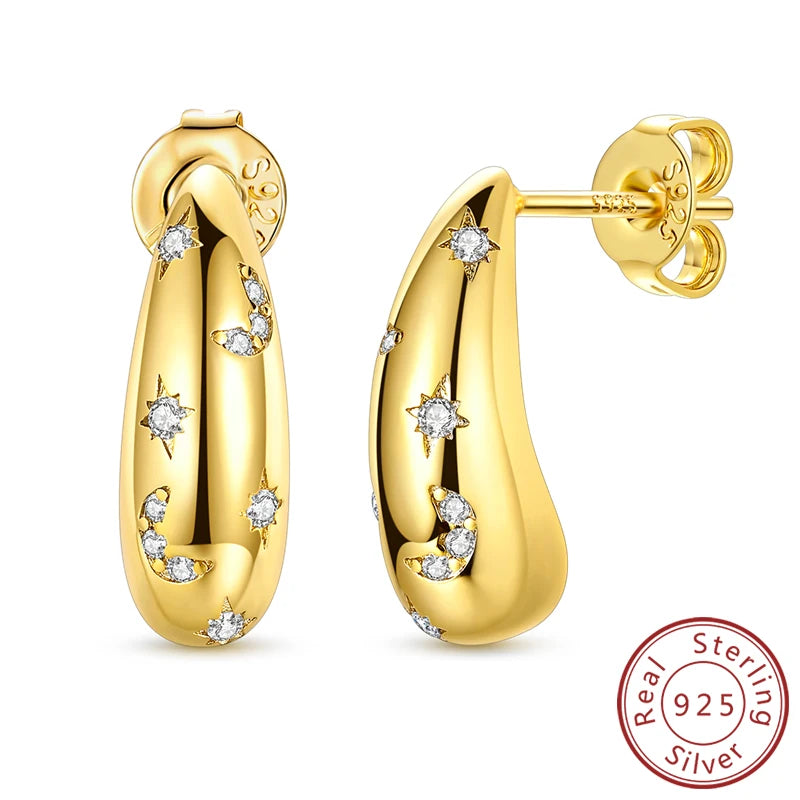 925 Stainless Steel Stud Earrings For Women Girls Simple Flower Bow Star Moon Zircon P close-up view