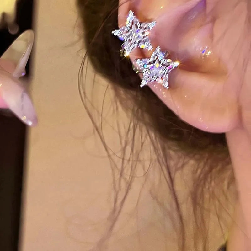 Shining Double Star Ear Clip for Women Fashion Double Layered Zircon Pentagram No Pie alternate view