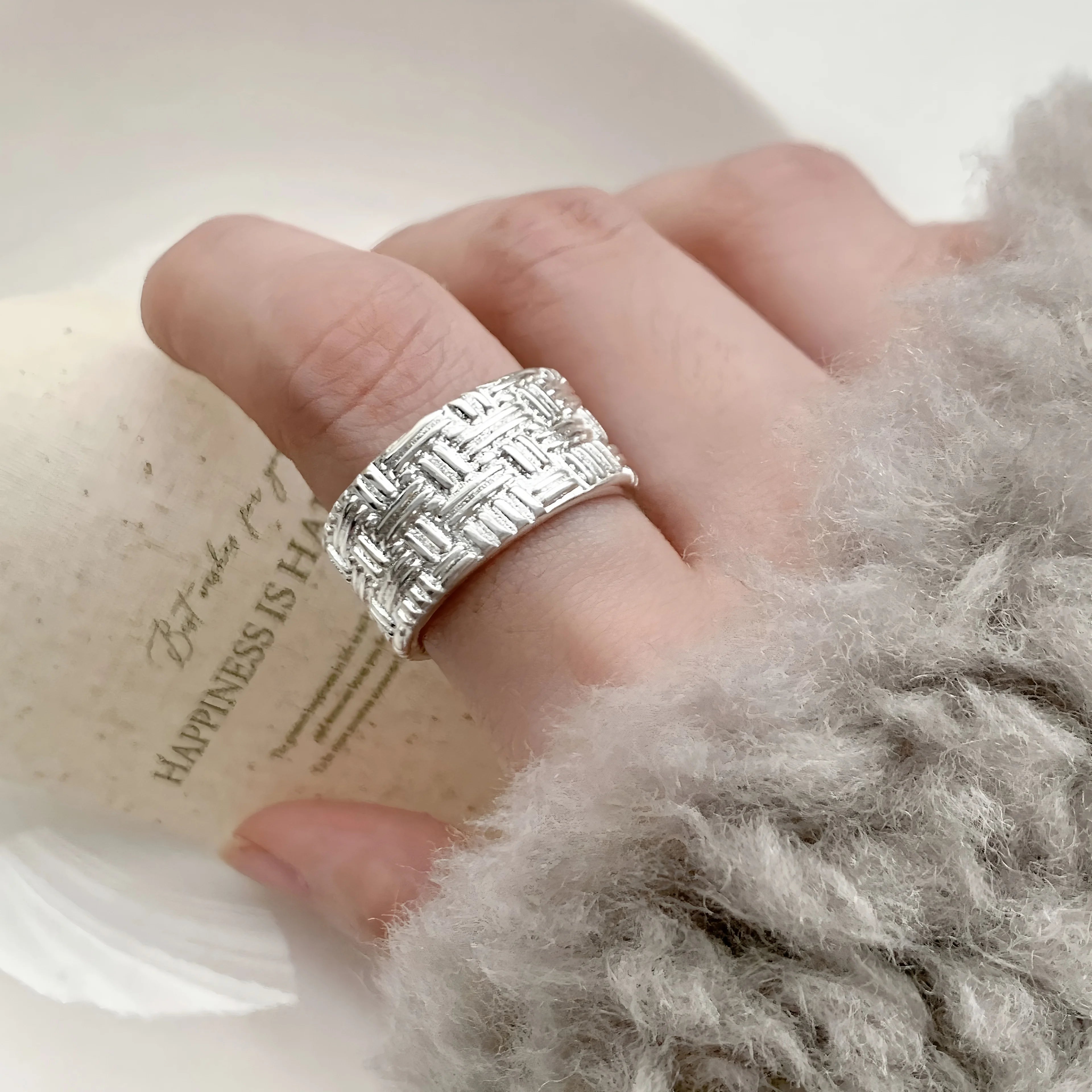 PANJBJ 925 Sterling Silver Frosting Geometry Ring for Women Wide Texture Versatile additional angle