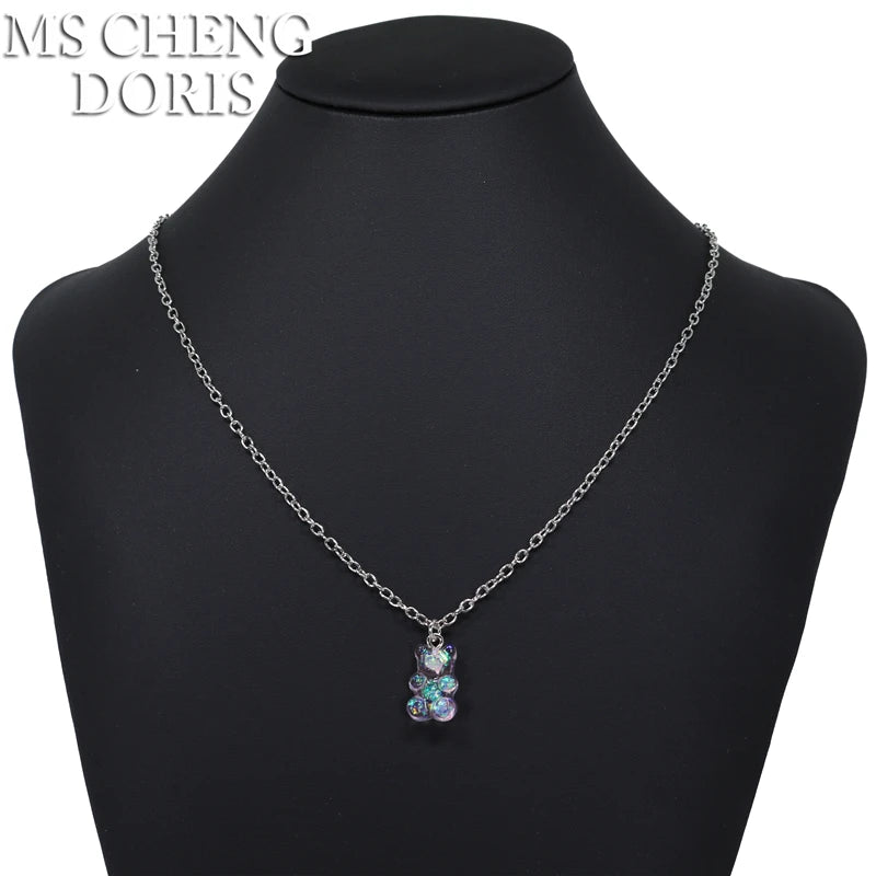 Handmade 33 Styles Colors Cute Resin Gummy Bear Chain Necklaces, Candy Color Pendan additional angle