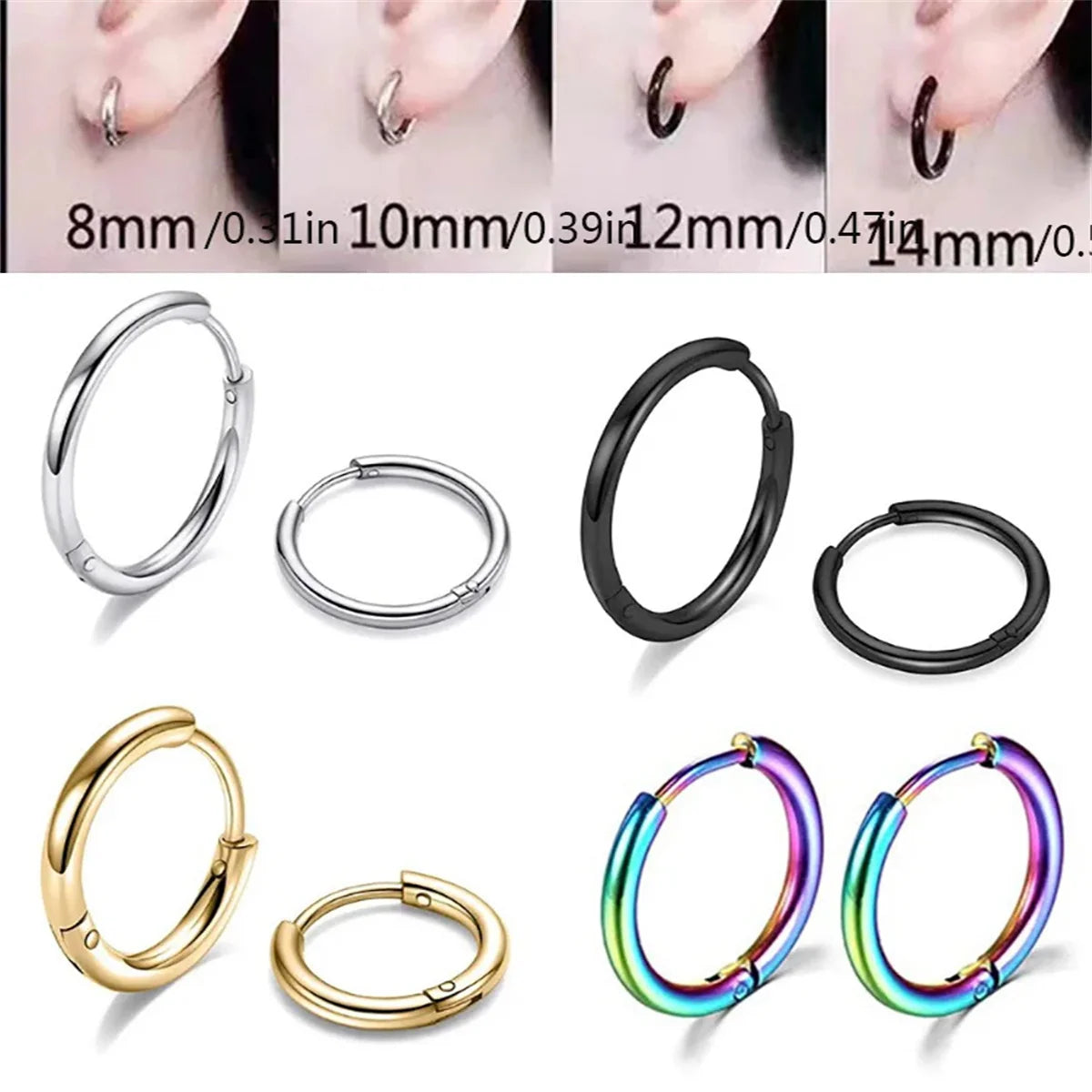2/8Pcs Fashion Simplicity 316L Stainless Steel Small Hoop Earrings, Cartilage Tragus Con detail view