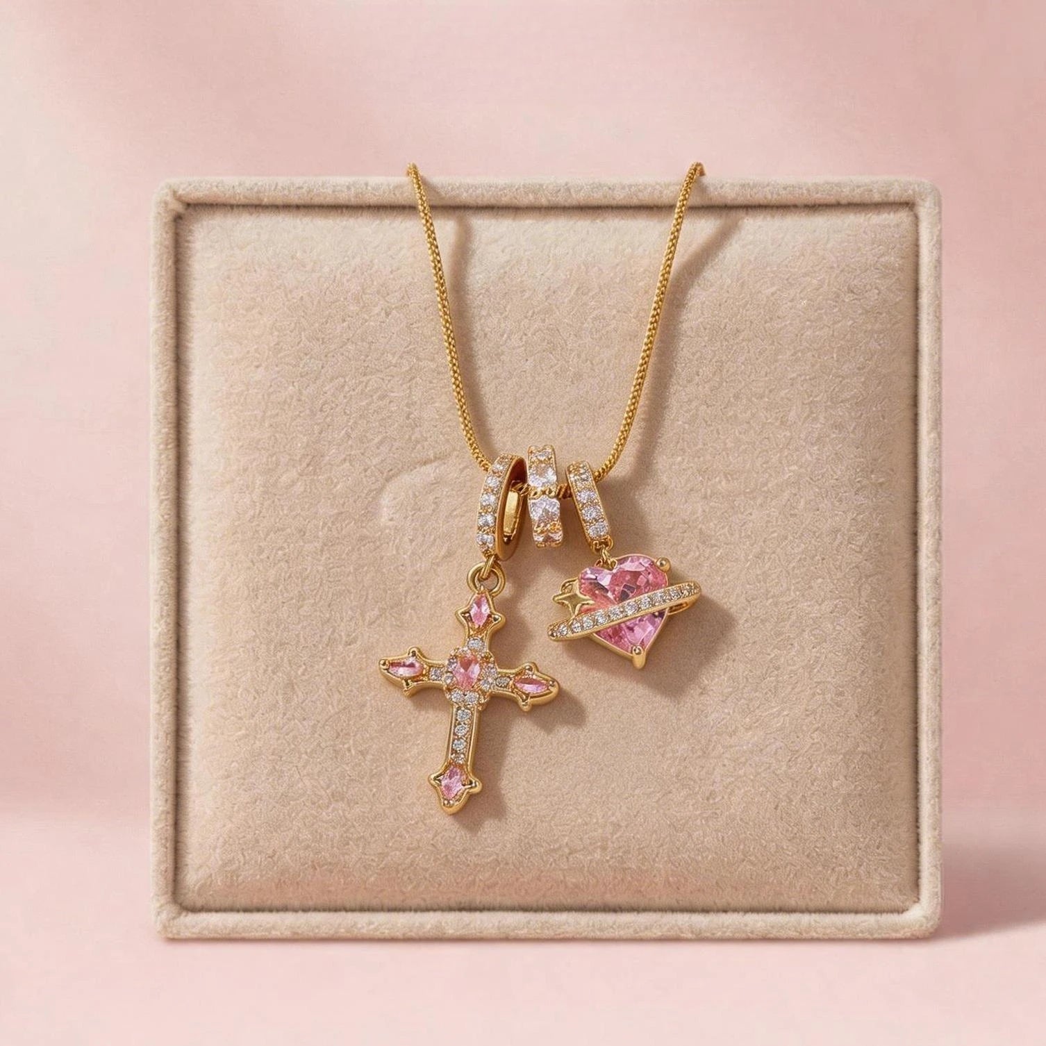 Heart Cross Pendant Necklace for Women Stainless Steel Necklace 14K Gold Plated Snake Chain Necklace