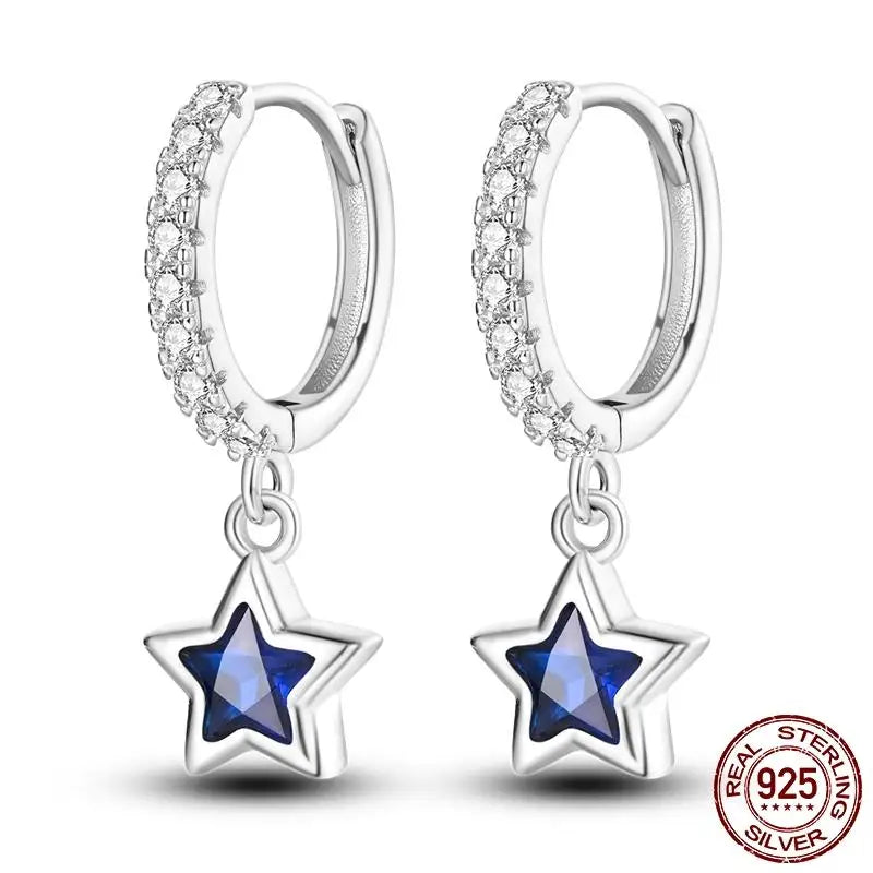 Luminous Shell Women Earrings Original 925 Sterling Silver Pave CZ Star Moon Hoop Earrin detail view