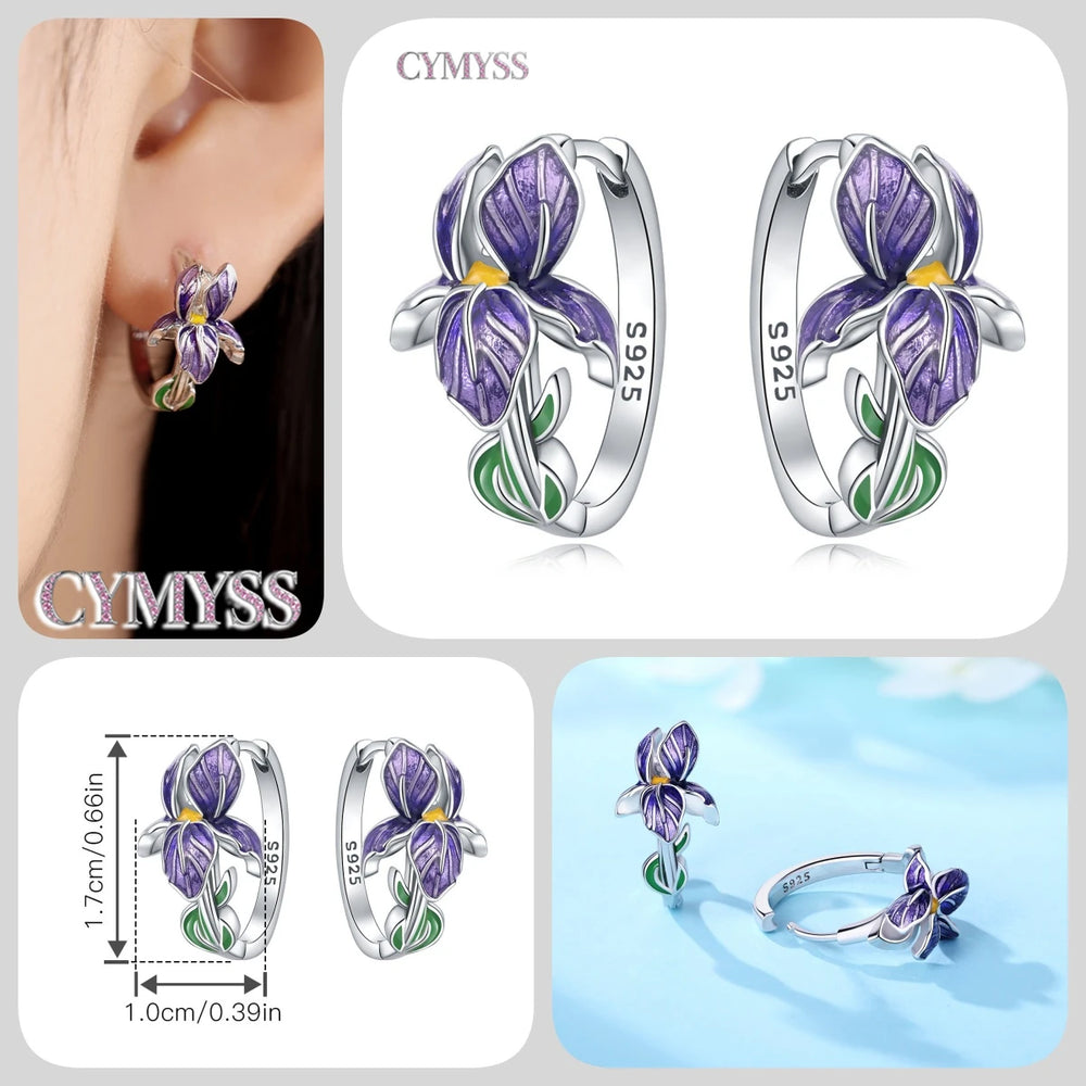 925 Sterling Silver Purple Flowers Plants Leaf Series Blue Iris Flower Earring Hoop E alternate view