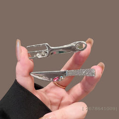 ⚑1/2Pcs Metal Silver Knife Fork Designs Hair Clip Color Rhinestones Hairpin Y2k Sweet Cool Girl Personality Hair Accessories