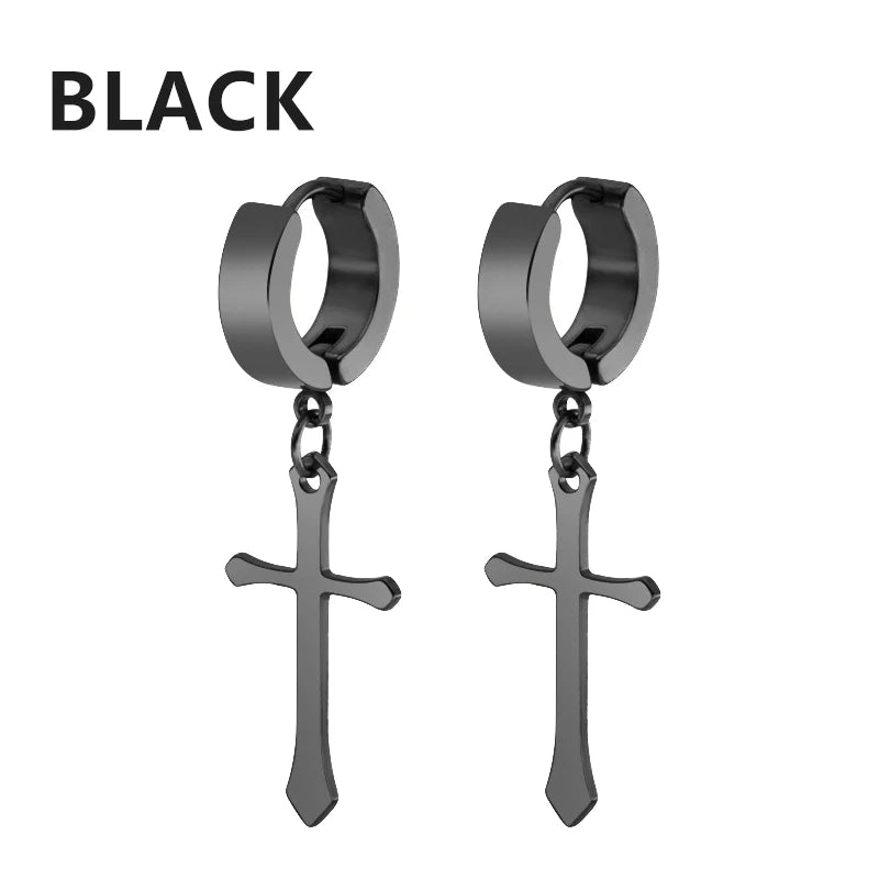 2pc Stainless Steel Men Cross Stars Punk Dangle Earrings Gothic Woman Cross Ear Hoop Ear detail view