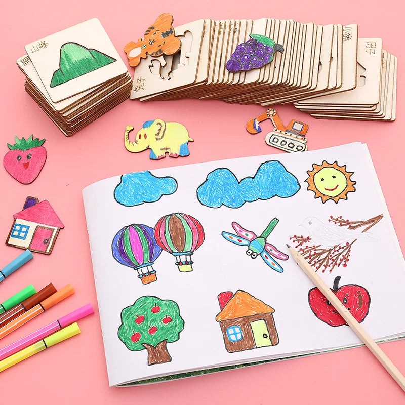20pcs Montessori Kids Drawing Toys Wooden DIY Painting Stencils Set Craft Toy Coloring P detail view