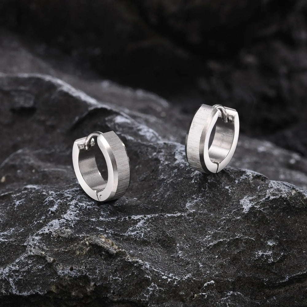 Stainless Steel Hoop Earrings for Men | Brushed Silver Small Hoops additional angle