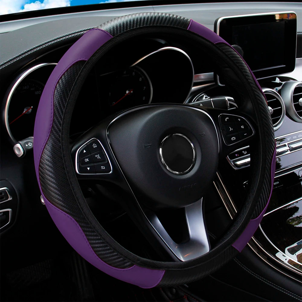 PU Carbon Fiber Leather Car Steering Wheel Cover | 14.5-15 Inch Grip Enhancer close-up view