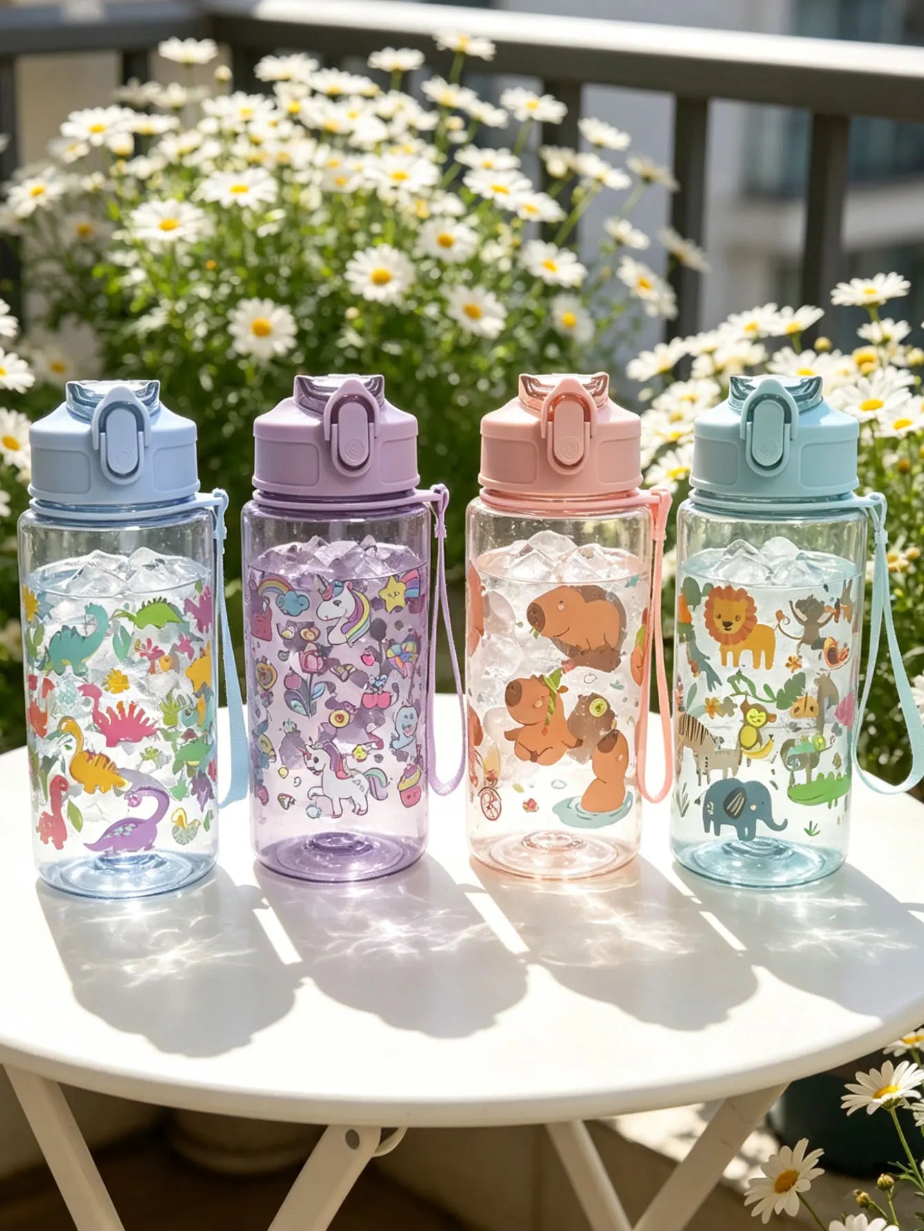 1 Piece 500ml (19 fl oz) Cartoon Printed Straw Cup, Summer Plastic Water Bottle, BPA Free, Portable