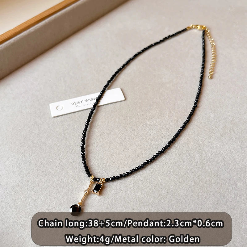 Black Crystal Bead Tassel Necklace | Trendy Collarbone Chain alternate view
