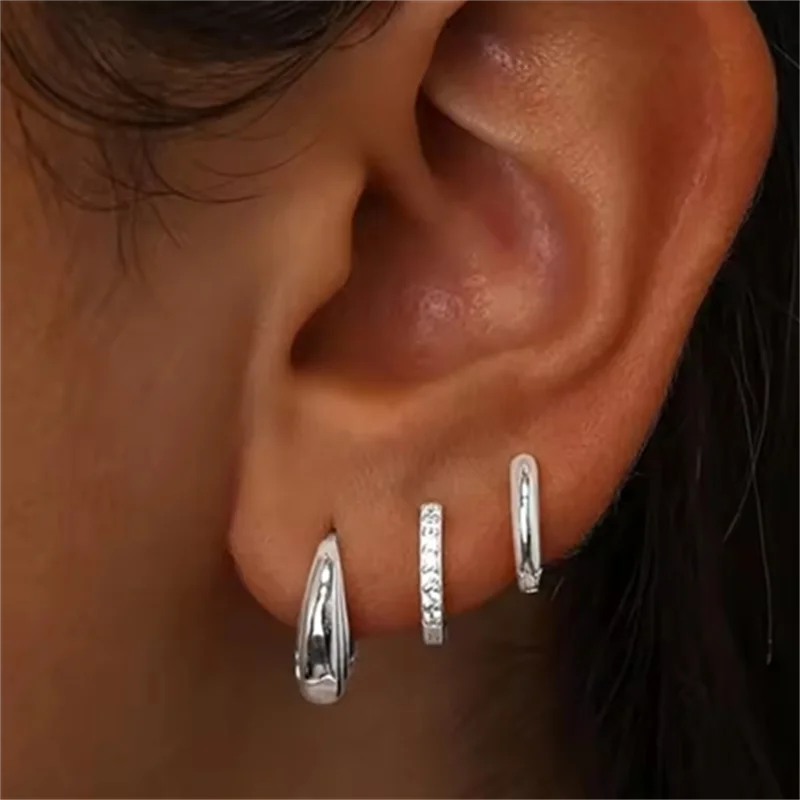3 PCS Exquisite Zircon Little Huggies Hoop Earrings Set for Women Stainless Steel Uni alternate view