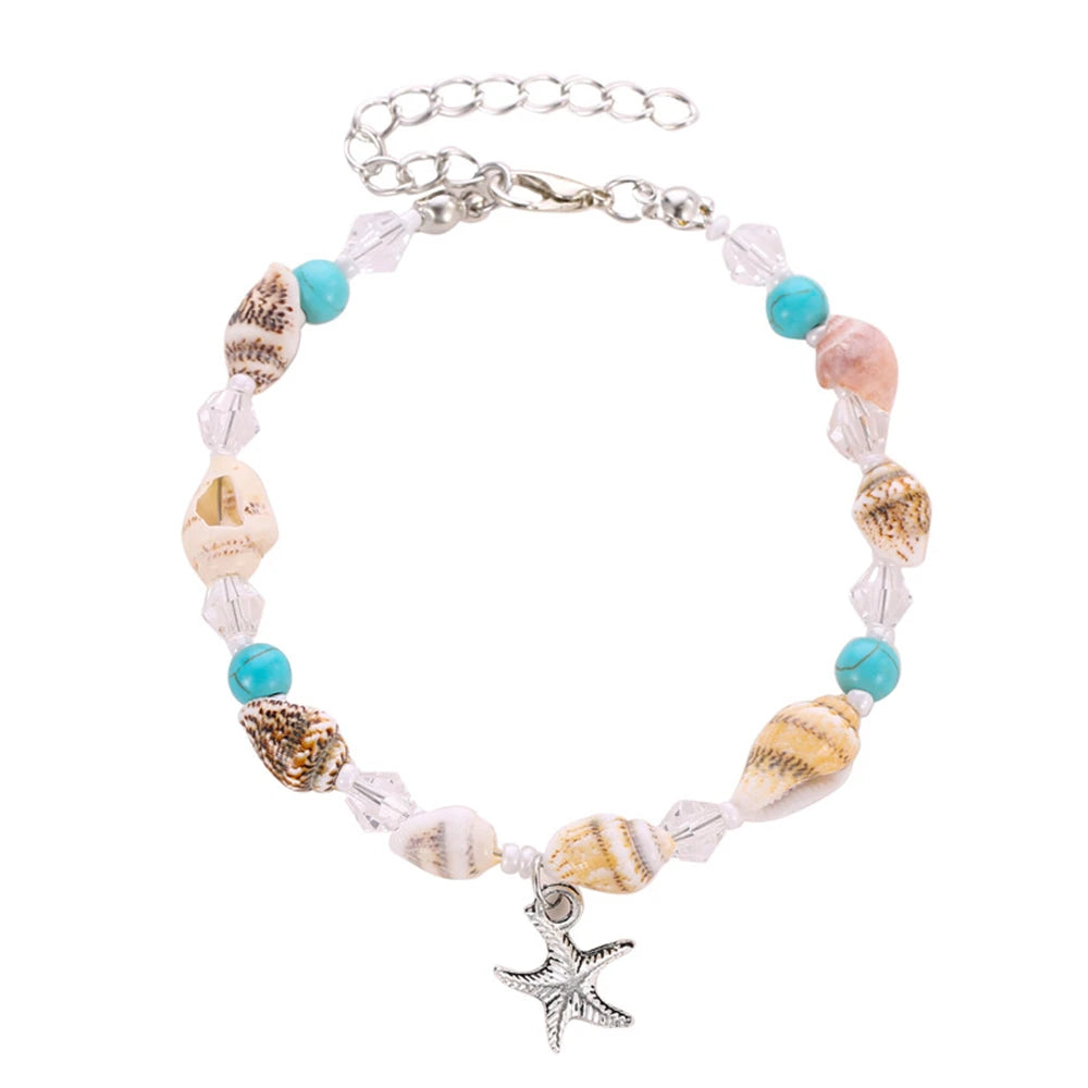 1Pc Boho Turquoise Starfish Anklets Summer Conch Rice Bead Anklet With Adjustable Chain detail view
