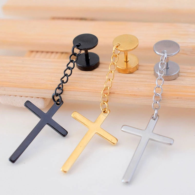 1 Pairs Punk Gothic Stainless Steel Stud Earring Cross Round Fake Ear Taper Dumbbell alternate view