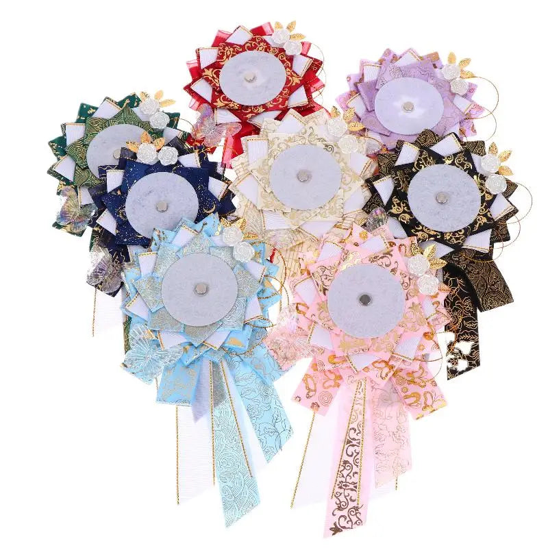 Big Bow Anime Badge Display Rosette With Gold Accents And Butterfly Decor Perfect For lifestyle view