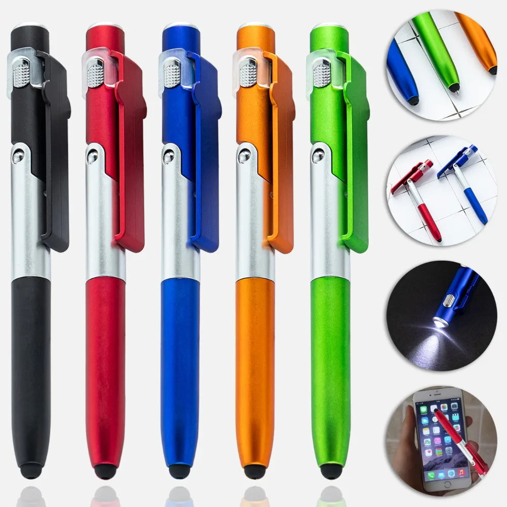 4 In 1 Multifunction Ballpoint Pen with LED Light Fold Phone Holder Night Read Writing Pencil Office