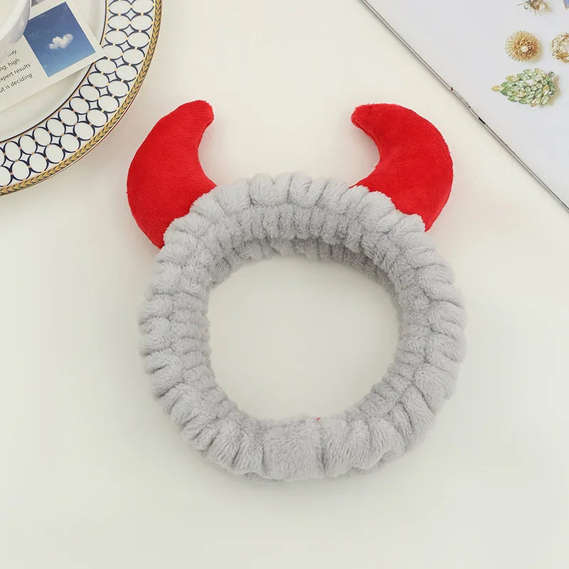 Plush Headband Women Girls Cute Red Horns Soft Elastic Hairband Wash Face Sport Vel additional angle