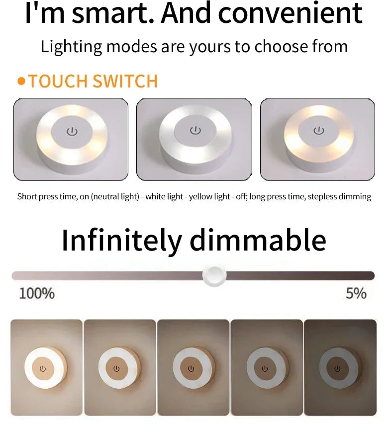 Round Led Wall Lamp | Rechargeable Night Light with Touch Switch, Dimmable, Magnetic alternate view
