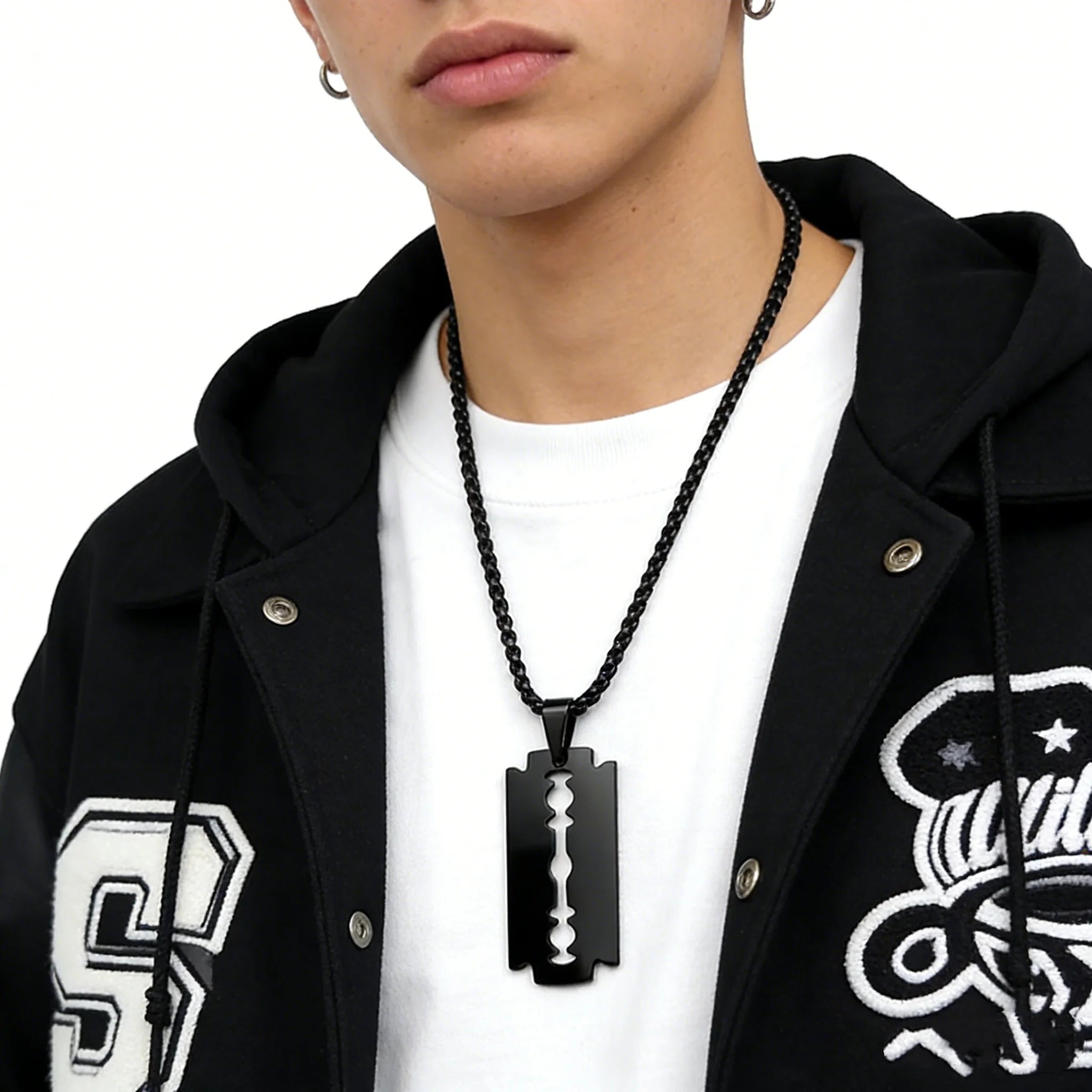 Gothic Blade Razor Pendant Necklace | Stainless Steel Black Goth Men's Chain alternate view