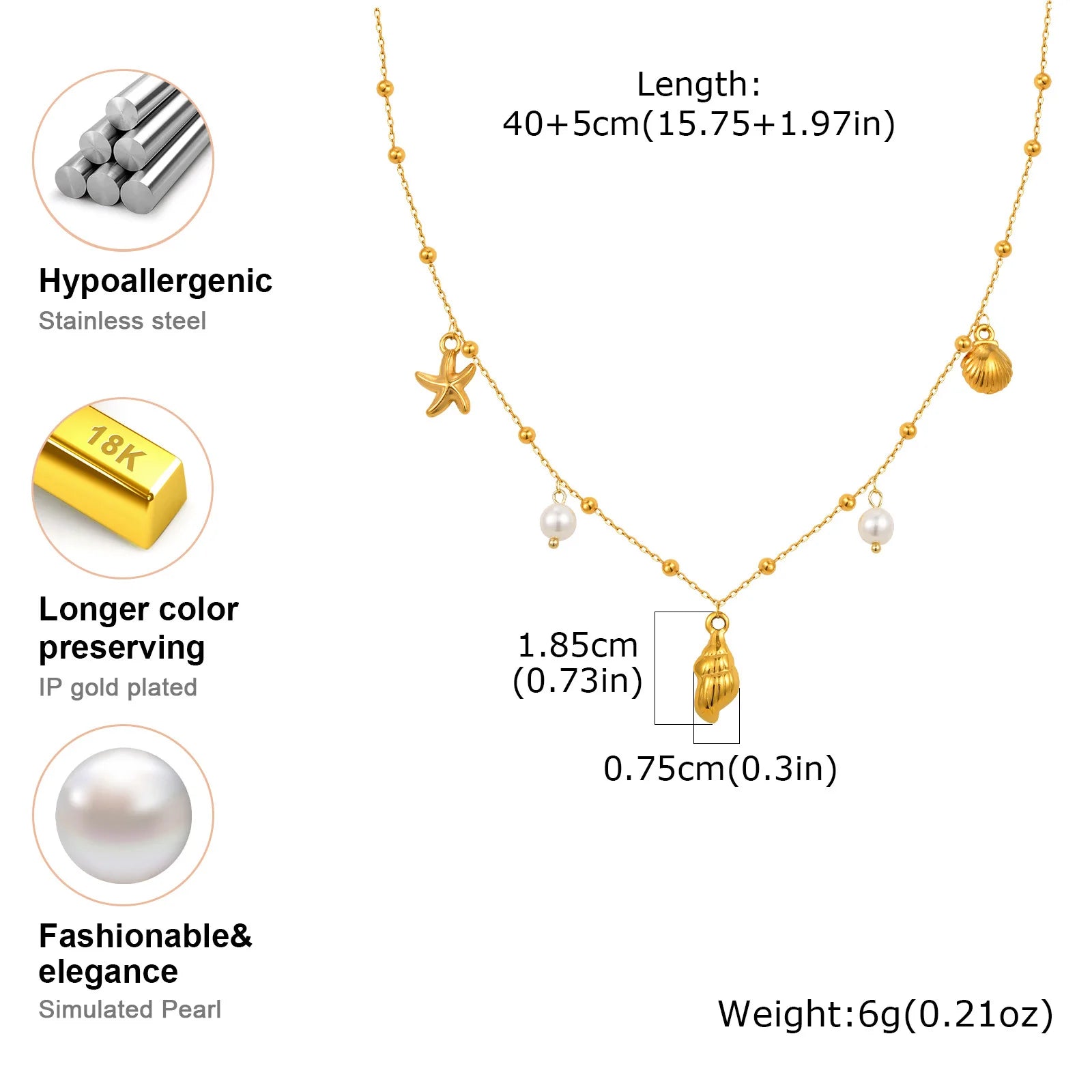 18k Gold Plated Pearl Shell Starfish Necklace | Summer Beach Jewelry for Women additional angle