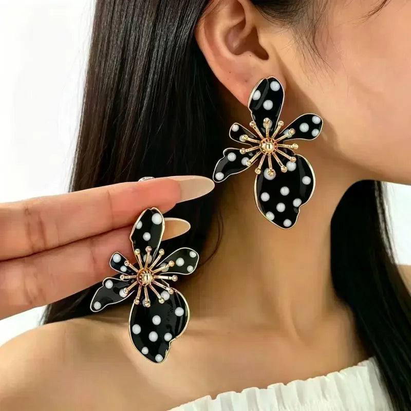 Pearl Flower Earrings Black Shaped Dangle Drop White Faux Polka Dot Gold Tone Details alternate view