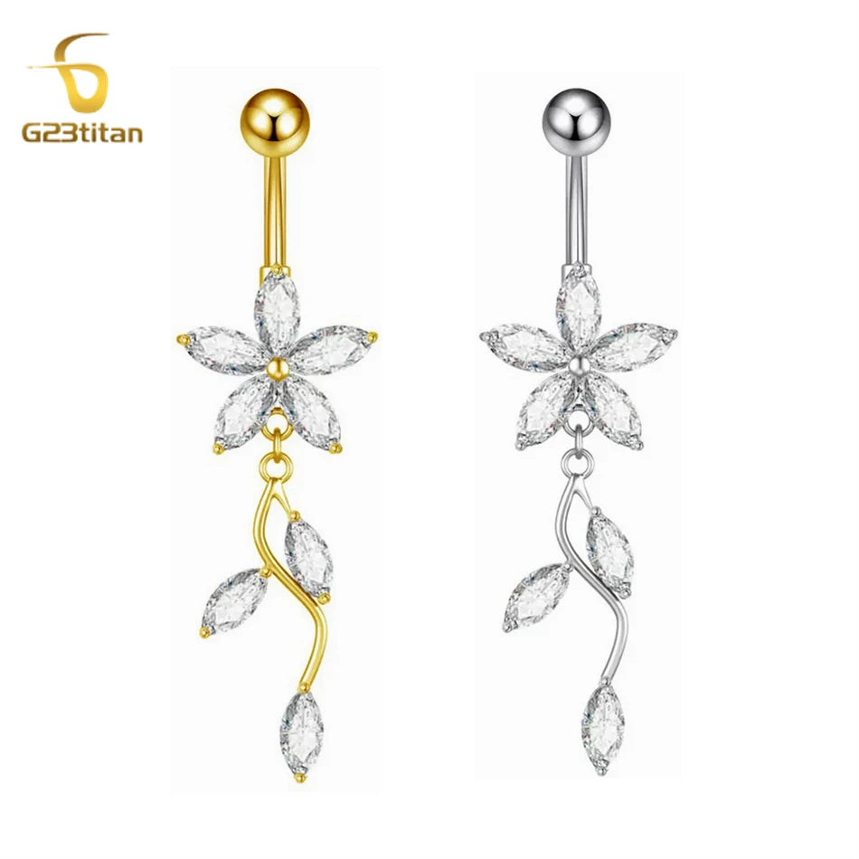 Stainless Steel Dangle Belly Button Ring Crystal Flower with Dangling Marquise Vine Titanium Navel B