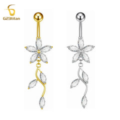 Stainless Steel Dangle Belly Button Ring Crystal Flower with Dangling Marquise Vine Titanium Navel B