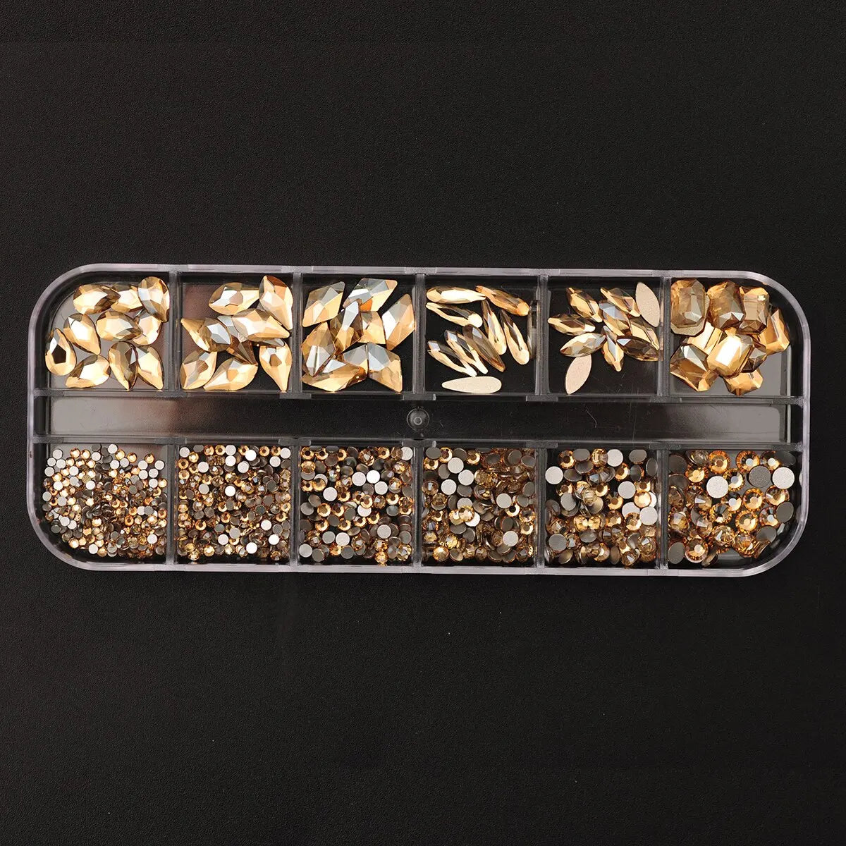 12 Grids Golden Shadow Flatback Rhinestones Glitter Nail Charms Crystal Diamond Nail Art detail view